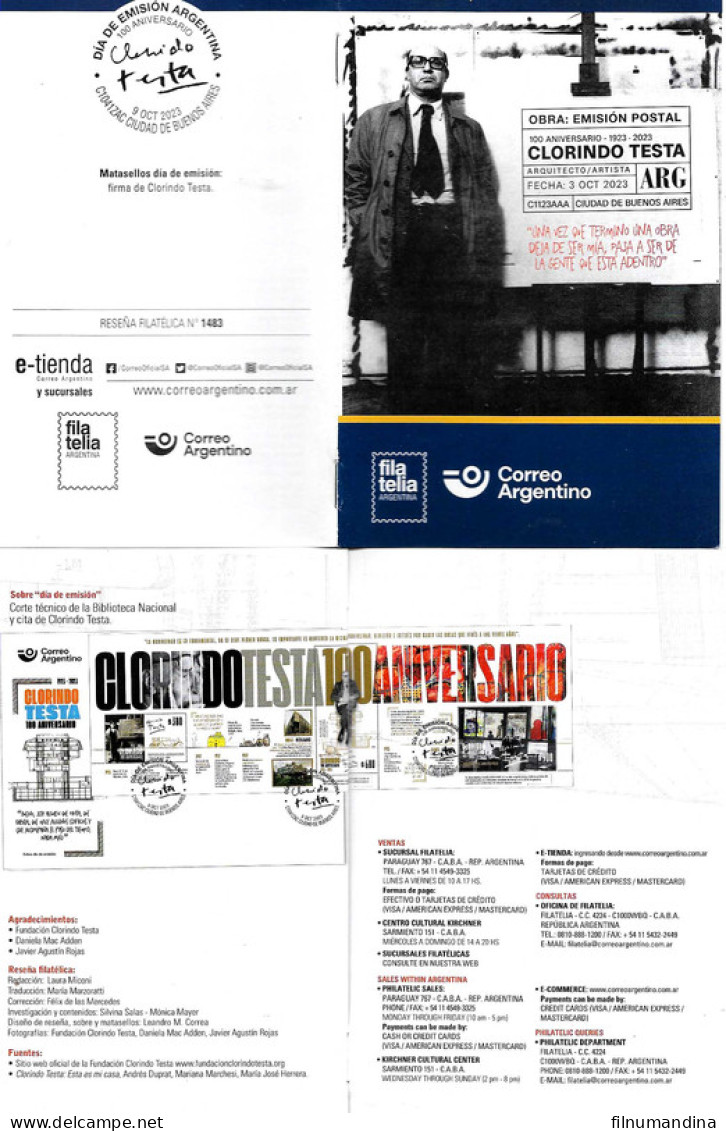 #75303 ARGENTINA 2023 CLORINDO TESTA ARCHITECTURE ANIV MNH + FDC +BROCHURE COMBO - Unused Stamps