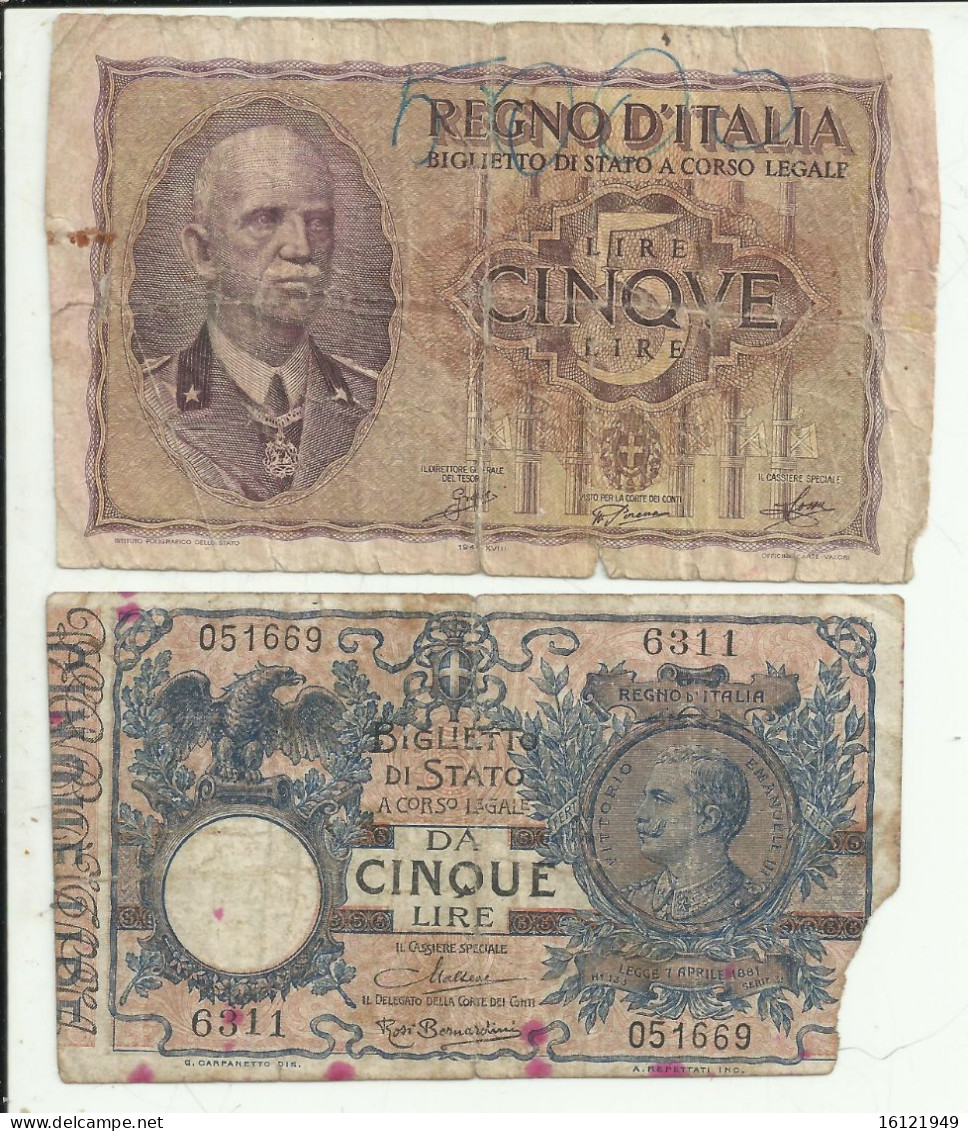 13O - 2 BANCONOTE DA 5 LIRE - Italia – 5 Lire