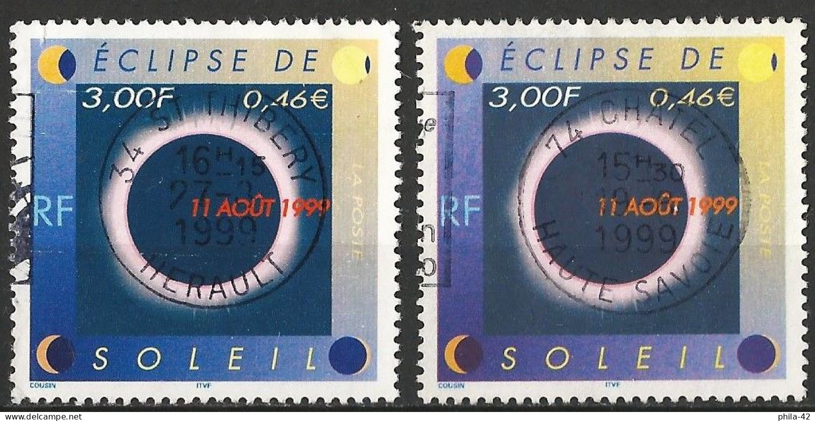 France 1999 - Mi 3403 - YT 3261 ( Solar Eclipse ) Two Shades Of Color : Purple And Blue - Oblitérés