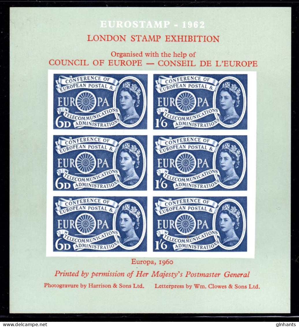 GREAT BRITAIN GB - 1962 LONDON STAMP EXHIBITION SOUVENIR SHEET COUNCIL OF EUROPE FINE MNH ** SG UNLISTED - 1962