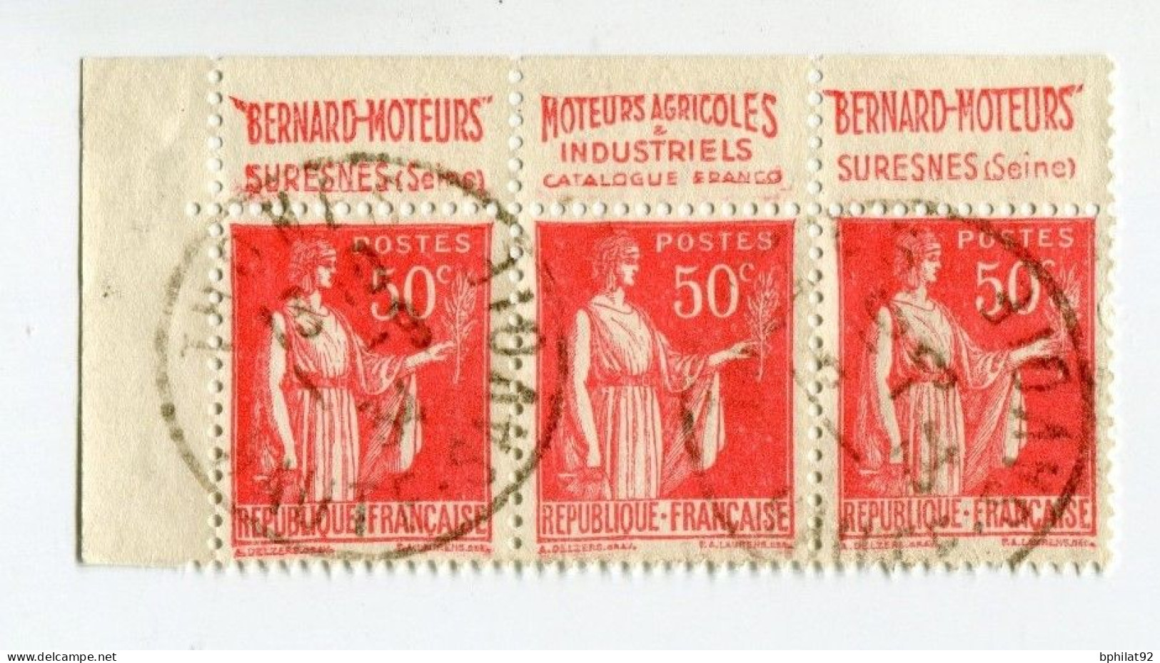 !!! 50 C PAIX T2 BANDE DE 3 AVEC BANDES PUBS BERNARD MOTEUR OBLITEREE - Used Stamps