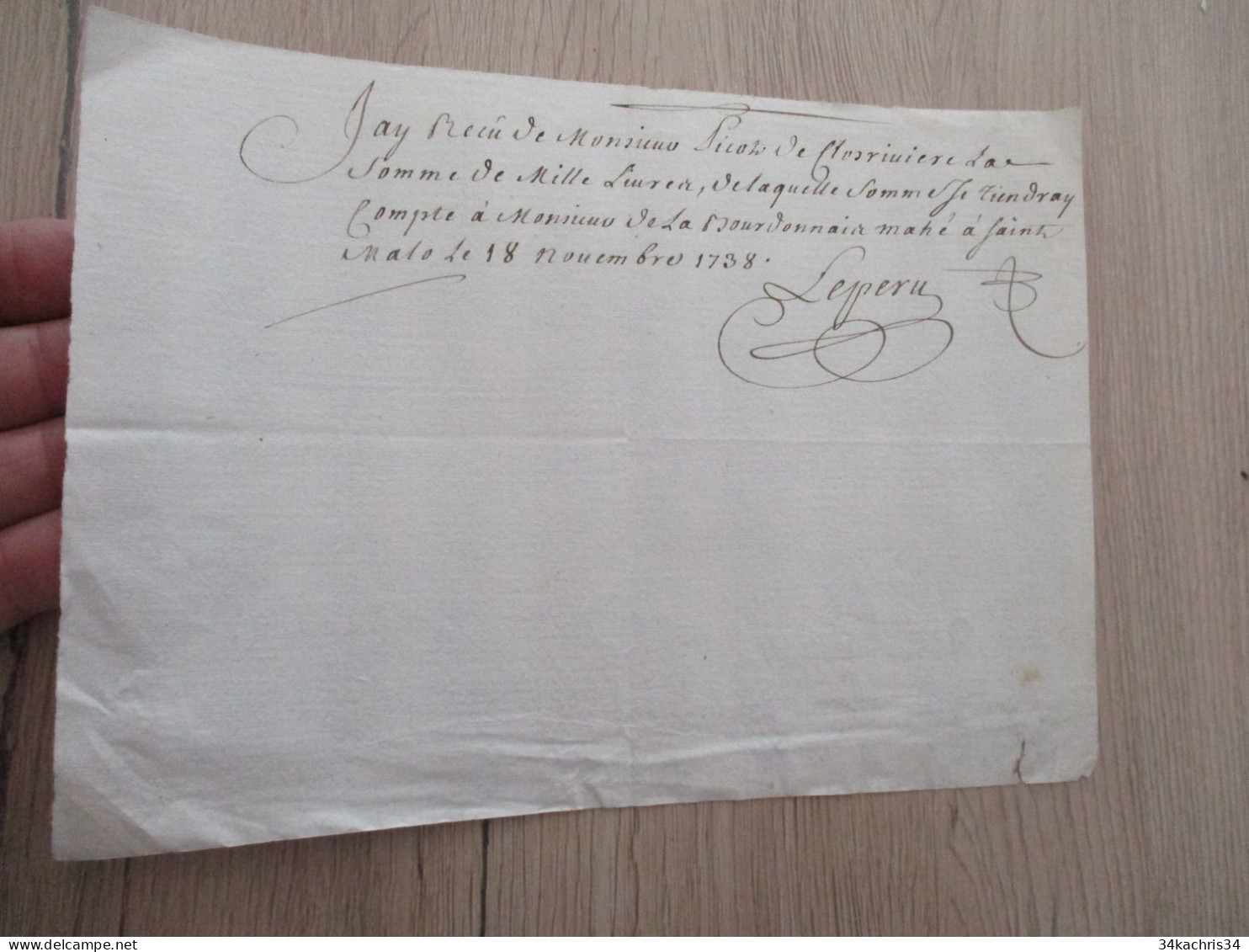 M45 Reçu Signé Leperu 18/11/1738 à DE Florinière Dont Il Sera Rendu Compte à La Bourdonnais Cie Des Indes St Malo - Manuscripten