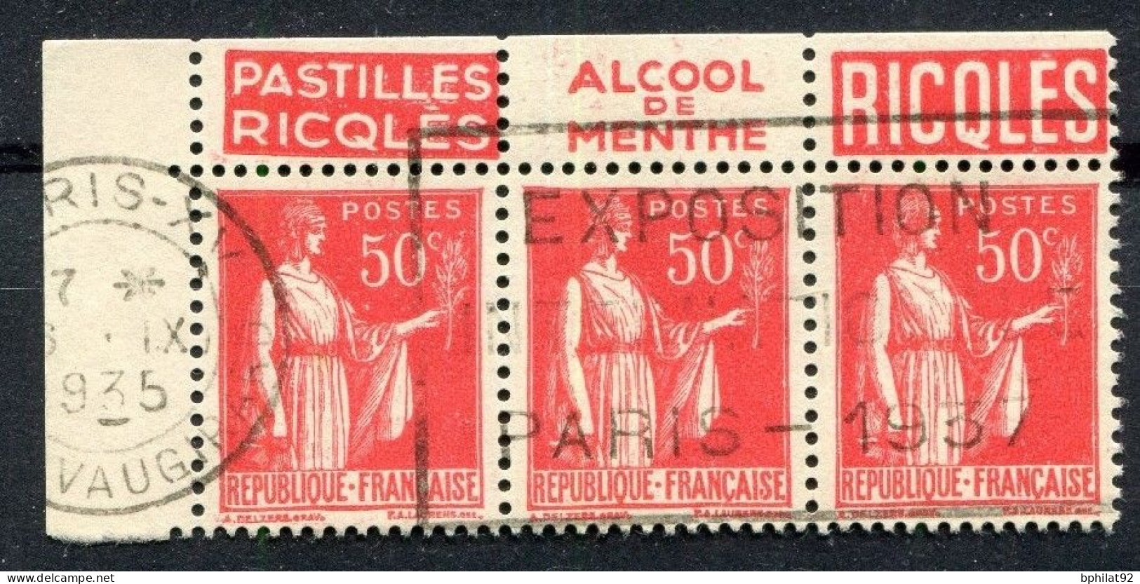 !!! 50C PAIX TII BANDE DE 3 AVEC PUBS RIQLES OBLITEREE - Used Stamps