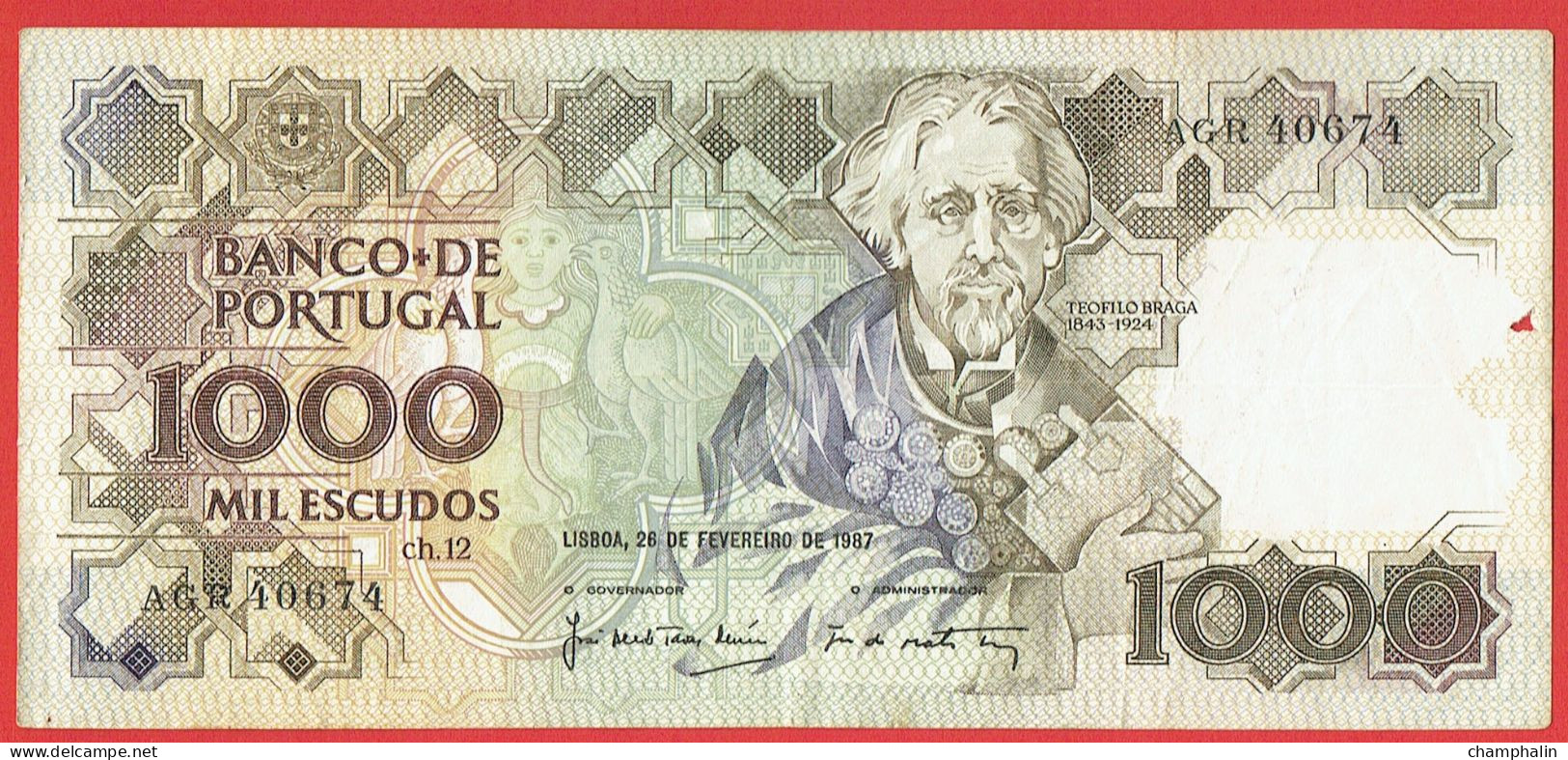 Portugal - Billet De 1000 Escudos - Teofilo Braga - 28 Février 1987 - P181c - Portugal