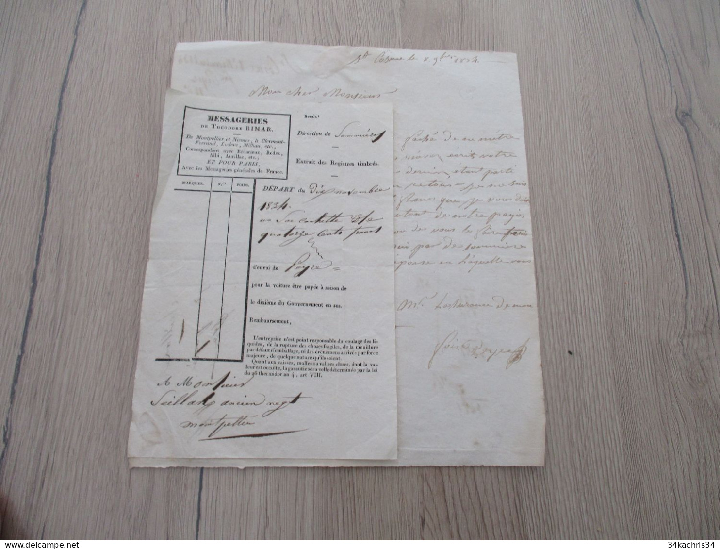 Roulage Lettre De Voiture Montpellier Pour Sommières Messageries Bimar 1834+ LAS Autographe Pour Paiement Par Diligence - Transportmiddelen