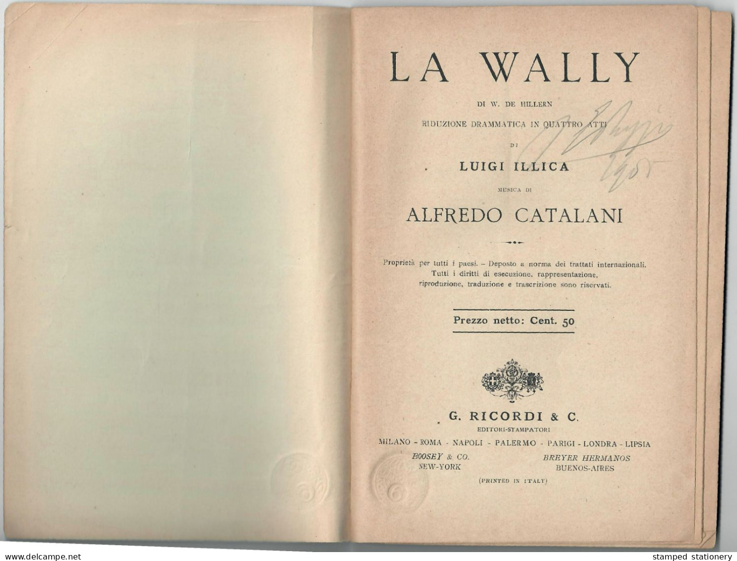 LA WALLY DI W. DE HILLERN - RIDUZIONE DRAMMATICA IN 4 ATTIDI L. ILLICA - MUSICA DI A. CATALANI - EDITORE RICORDI 1893 - Théâtre