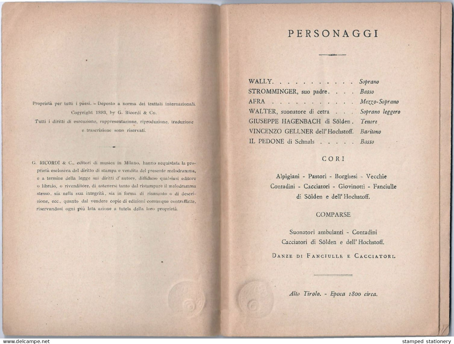 LA WALLY DI W. DE HILLERN - RIDUZIONE DRAMMATICA IN 4 ATTIDI L. ILLICA - MUSICA DI A. CATALANI - EDITORE RICORDI 1893 - Teatro