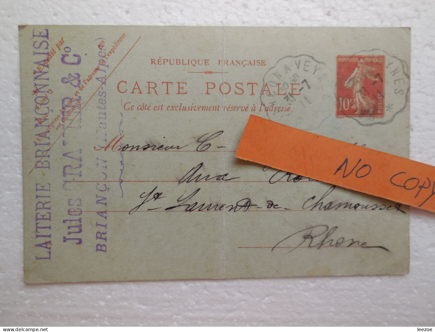 Carte Postale Timbre Imprimé Semeuse 10c, Cachet LAITERIE BRIANCONNAISE JULES GRAVIER.......CP13 - Saint-Laurent-de-Chamousset