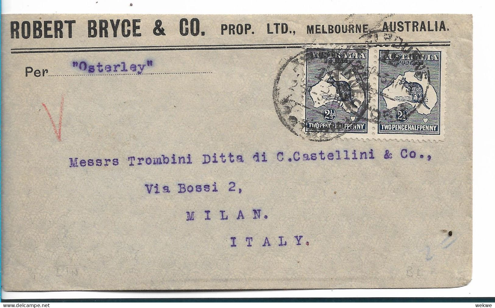 AUSTRALIEN 002 / Die Erste Känguru Ausgabe Von 1913 Im Paar Auf Firmenbrief Nach Milano, Italien - Storia Postale