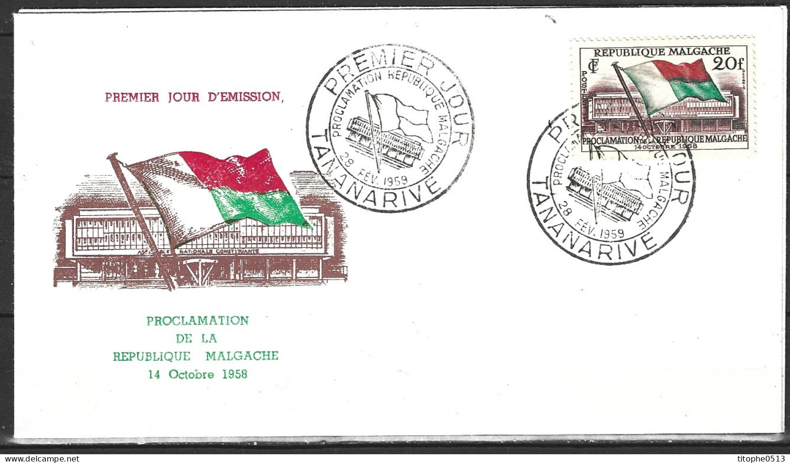 MADAGASCAR. N°338 De 1959 Sur Enveloppe 1er Jour. Drapeau. - Briefe