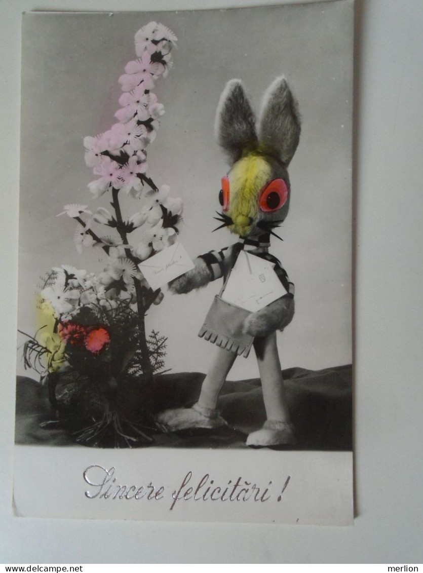 D198908   Postcard - Romania - Handcolored Photo Postcard - Easter -Rabbit Postman - Stamp  Truck  ROMAN 1979 - Other & Unclassified