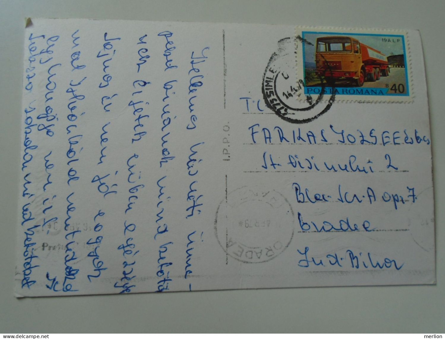 D198908   Postcard - Romania - Handcolored Photo Postcard - Easter -Rabbit Postman - Stamp  Truck  ROMAN 1979 - Other & Unclassified