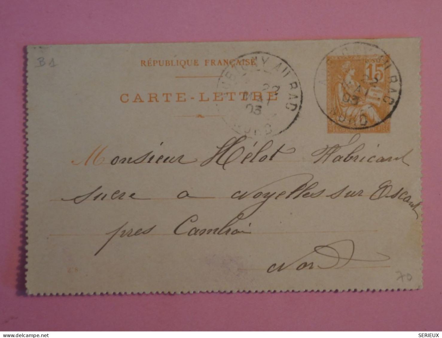 DC20 FRANCE BELLE  CARTE ENTIER MOUCHONS 15C  1903 PETIT BUREAU AUBIGNY  A CAMBRAI +     + AFF. INTERESSANT+++ - Precursor Cards