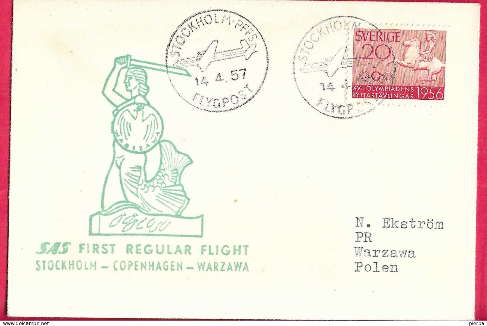 SVERIGE - FIRST REGULAR FLIGHT SAS  FROM STOCKHOLM TO WARZAWA *14.4.57* ON OFFICIAL COVER - Storia Postale