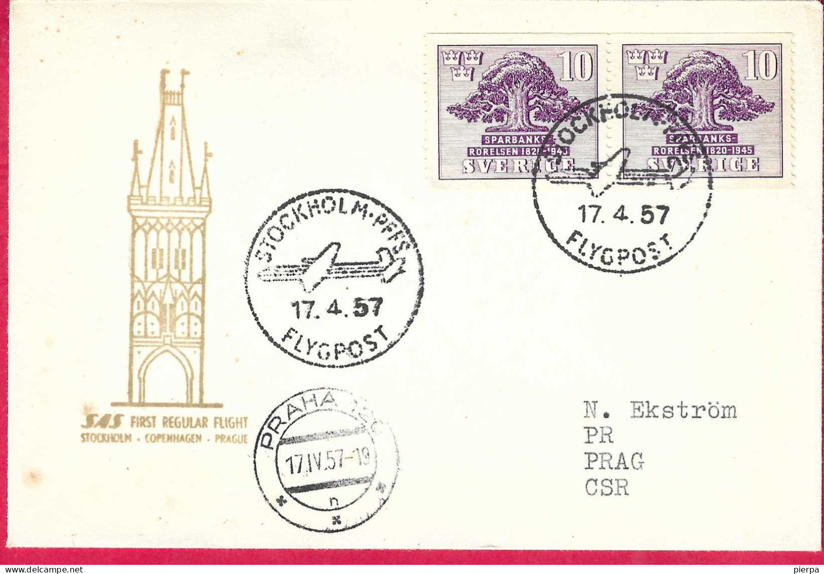 SVERIGE - FIRST REGULAR FLIGHT SAS  FROM STOCKHOLM TO PRAGUE *17.4.57* ON OFFICIAL COVER - Brieven En Documenten