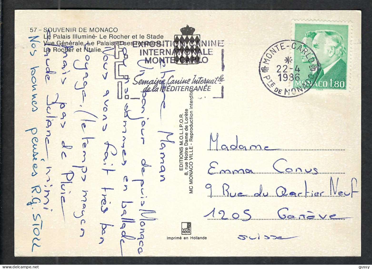 MONACO 1986: CP Ill. De Monte Carlo à Carouge (GE, Suisse) - Storia Postale