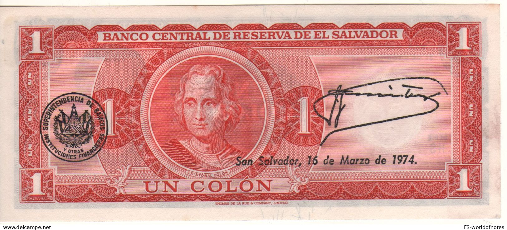EL SALVADOR  1 Colon   P115a  ( 31.8.1971 - 16.3.1974 R. Juan José Simeón Cañas On Front - Cristopher  Columbus On Back) - El Salvador