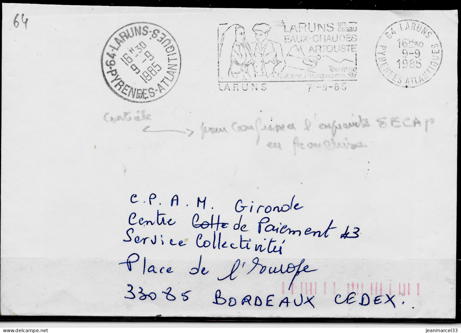 Curiosité Contrôle Avec Cachet Manuel De La Date Confirme La Date Du T.à D. 64-Laruns 9-9 I985 - Covers & Documents