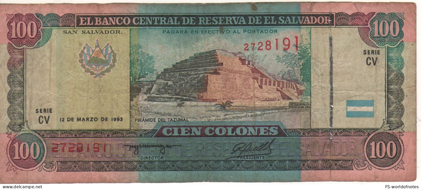 EL SALVADOR  100 Colones   P140a (12.3.1993-17.10.1994) - ( Tazumal Pyramid On Front -  Cristopher  Columbus On Back ) - Salvador