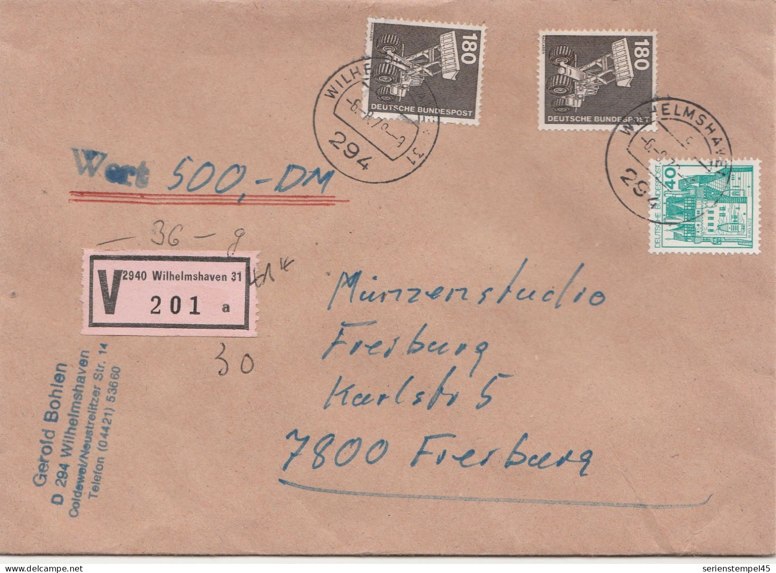 Bund Wertbrief 500 DM Mit V Zettel 2940 Wilhelmshaven Porto 4 DM 1979 - Etiquettes 'Recommandé' & 'Valeur Déclarée'