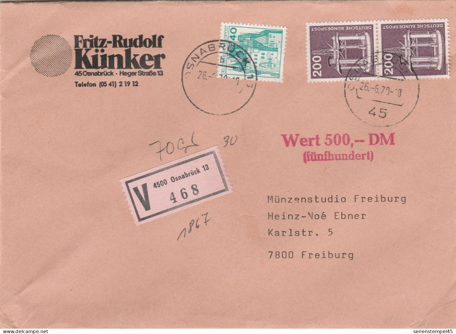 Bund Wertbrief 500 DM Mit V Zettel 4500 Osnabrück 13 Porto 4,40 DM 1979 - R- & V- Vignette