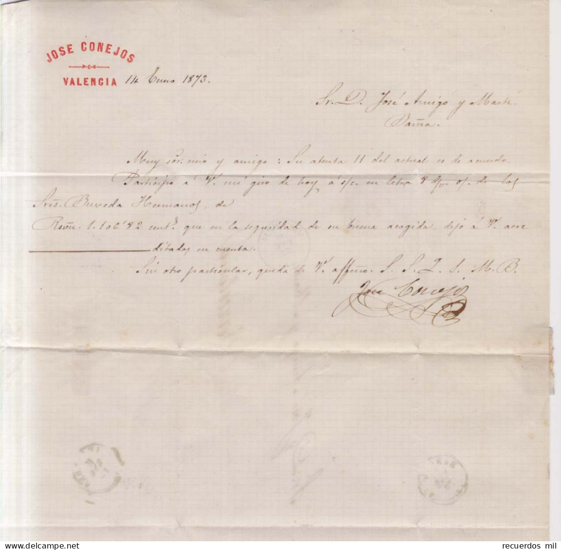 Año 1872 Edifil 121 Amadeo I  Carta  Matasellos Rombo Valencia Membrete Jose Conejos - Cartas & Documentos