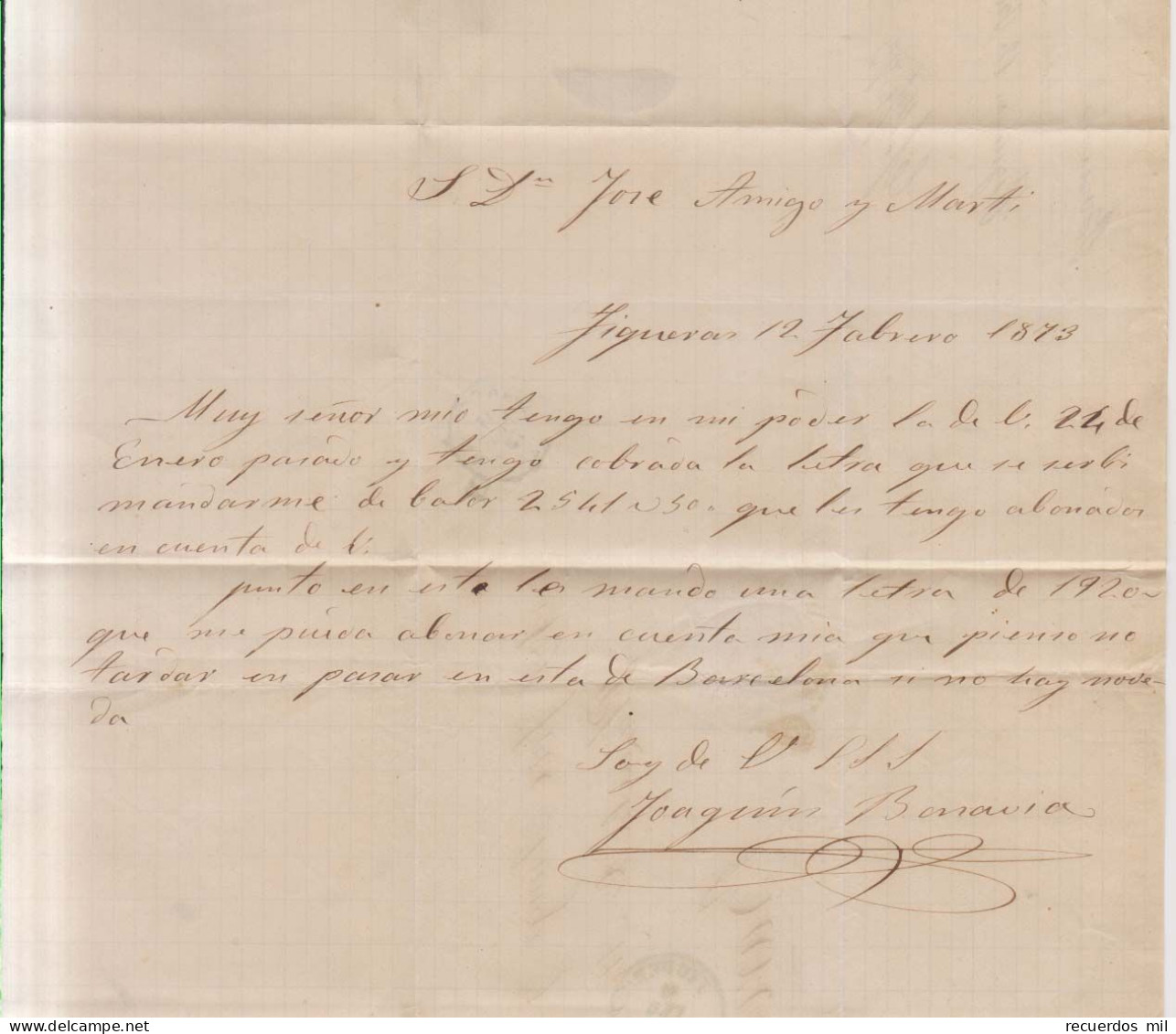 Año 1872 Edifil 121 Amadeo I  Carta  Matasellos Rombo Figueras Gerona Joaquin Bonavia - Brieven En Documenten