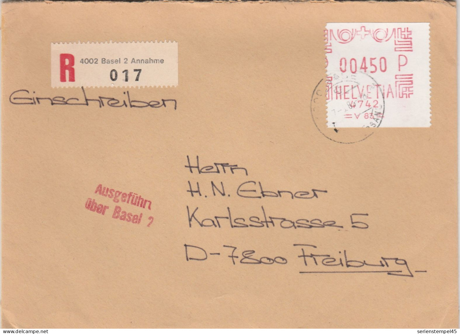 Schweiz Einschreiben Brief 4002 Basel 2 Annahme Mit Freistempel 4742 Porto 450 P 1985 - Affranchissements Mécaniques