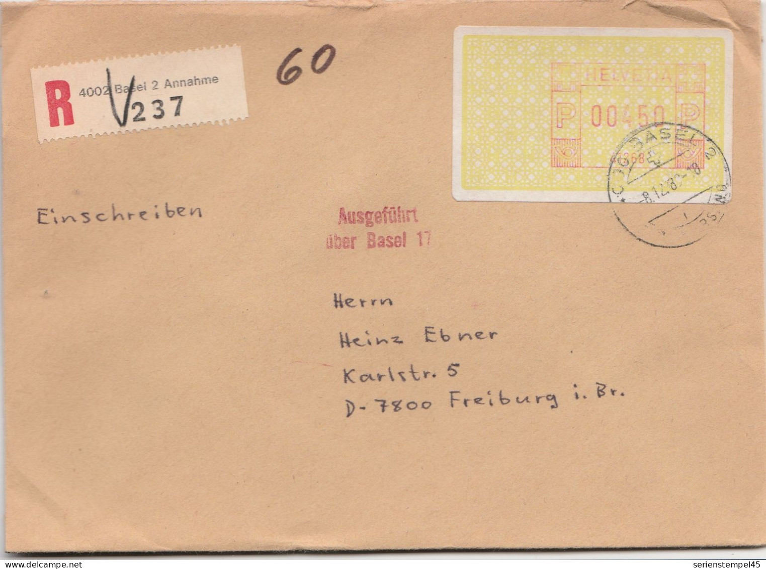 Schweiz Einschreiben Brief 4002 Basel 2 Annahme Mit Freistempel 41268 Porto 450 P 1989 - Frankeermachinen