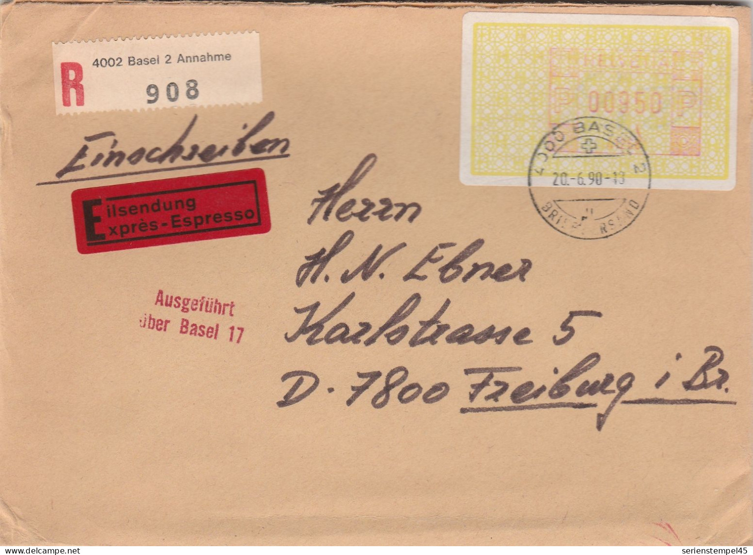 Schweiz Express Einschreiben Brief 4002 Basel 2 Annahme Mit Freistempel 41268 Porto 950 P 1990 - Postage Meters
