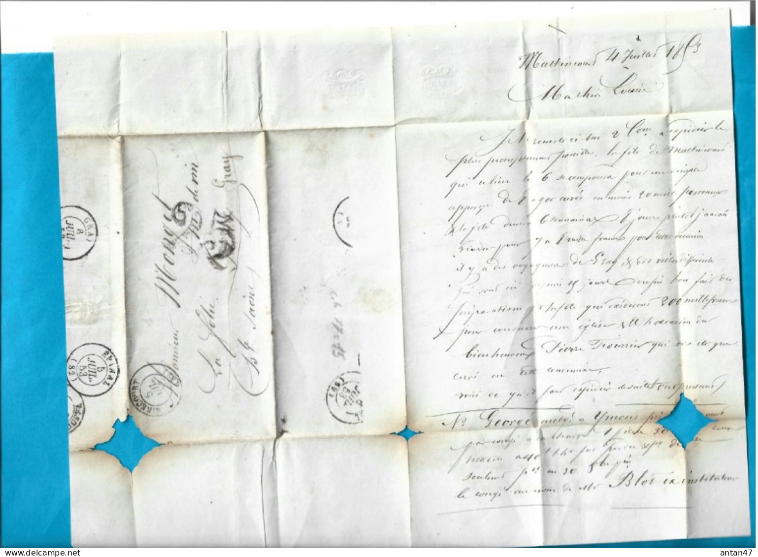 Courrier 1853 /  70 MATTINCOURT / MONART / Pour Monget 70 GRAY LA FOLIE / Préparatifs Fête Eglise Curé Fourrier ?? - Unclassified