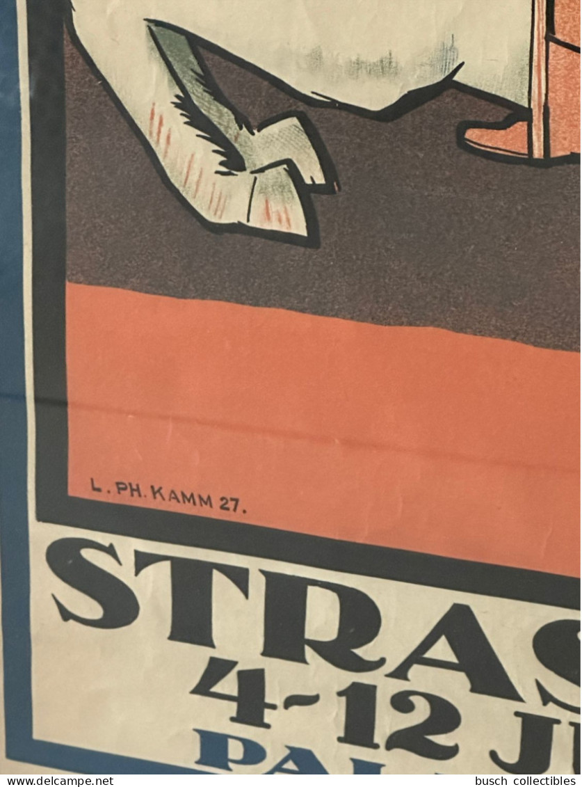 Affiche Originale Exposition Philatélique Internationale Strasbourg 1927 L. Ph. Kamm Facteur à Cheval Cathédrale 60x40cm - Filatelistische Tentoonstellingen