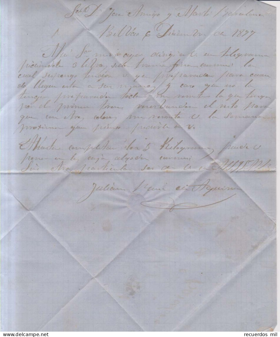 Año 1876 Edifil 175-188 Carta  Matasellos Rombo Bilbao Julian M. De Aguirre - Covers & Documents