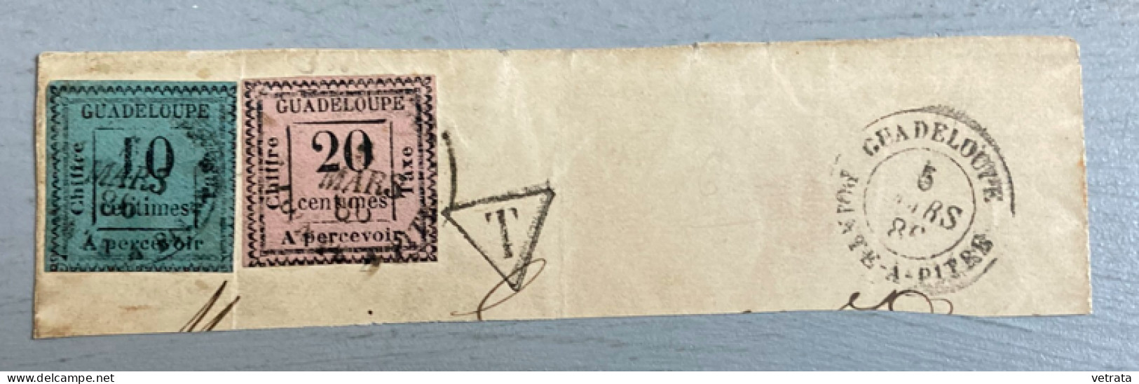2 Timbres Guadeloupe Oblitérés 1886 (10 & 20 Centimes - à Percevoir) Sur Coin D’enveloppe) - Antillen