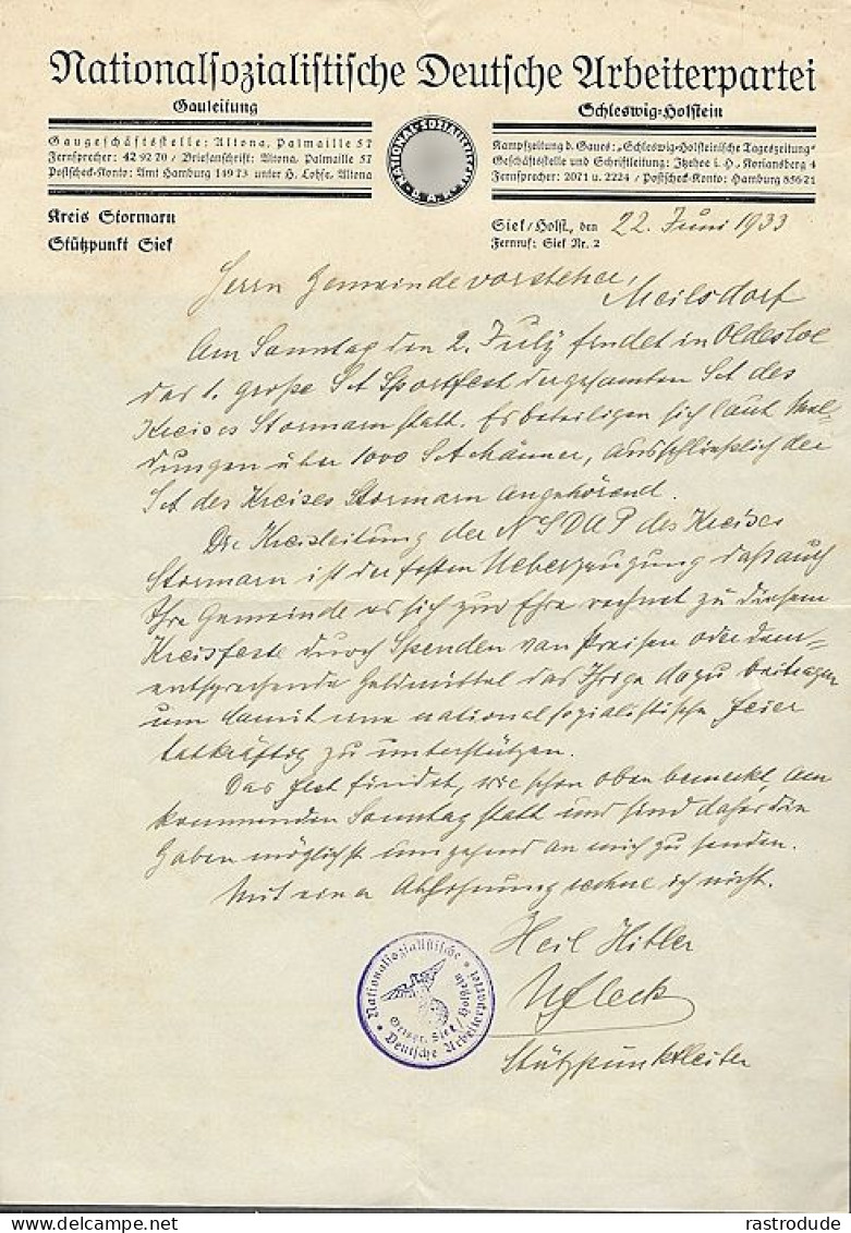 1933 SCHREIBEN DER NSDAP KIEL “EINLADUNG” (AUFFORDERUNG) ZUR TEILNAHME AN NS SPORTFEST – SELTEN - Documents