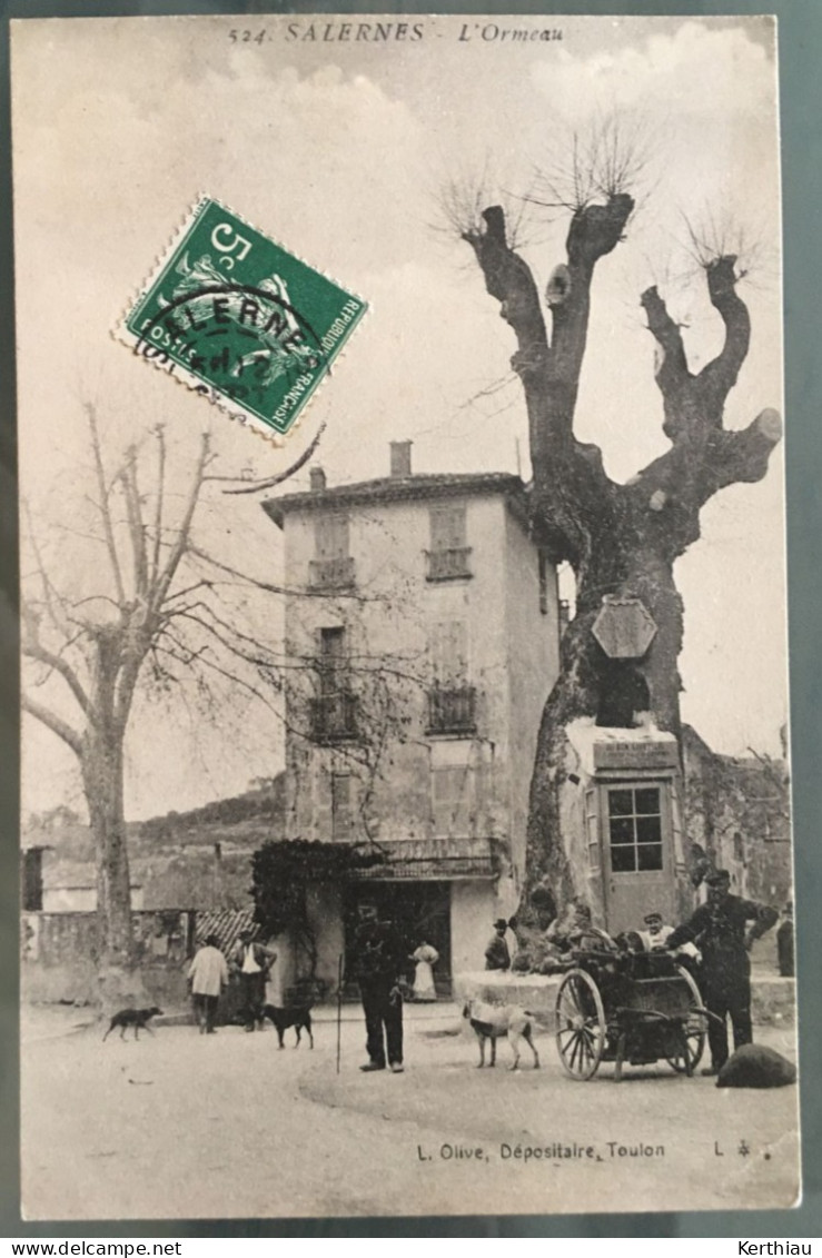 RARE - Salernes - L'ormeau. ANIMEE AVEC REMOULEUR ET SA CHARETTE  (avec Voiture à Chien?). Circulée 1908 - Salernes