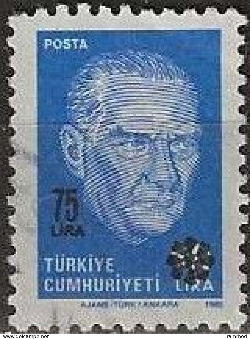 TURKEY 1989 Kemal Ataturk Surcharged - 75l. On 10l. - Blue And Cobalt FU - Used Stamps