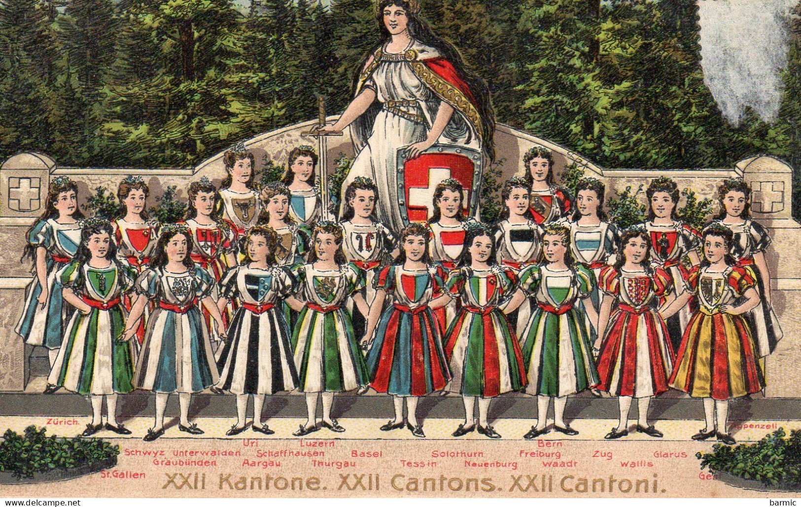 CARTE GAUFFREE, JEUNE FILLES, REPRESENTATION DES DIFFERENTS CANTONS SUISSE COULEUR  REF 11672 PAR - St. Anton