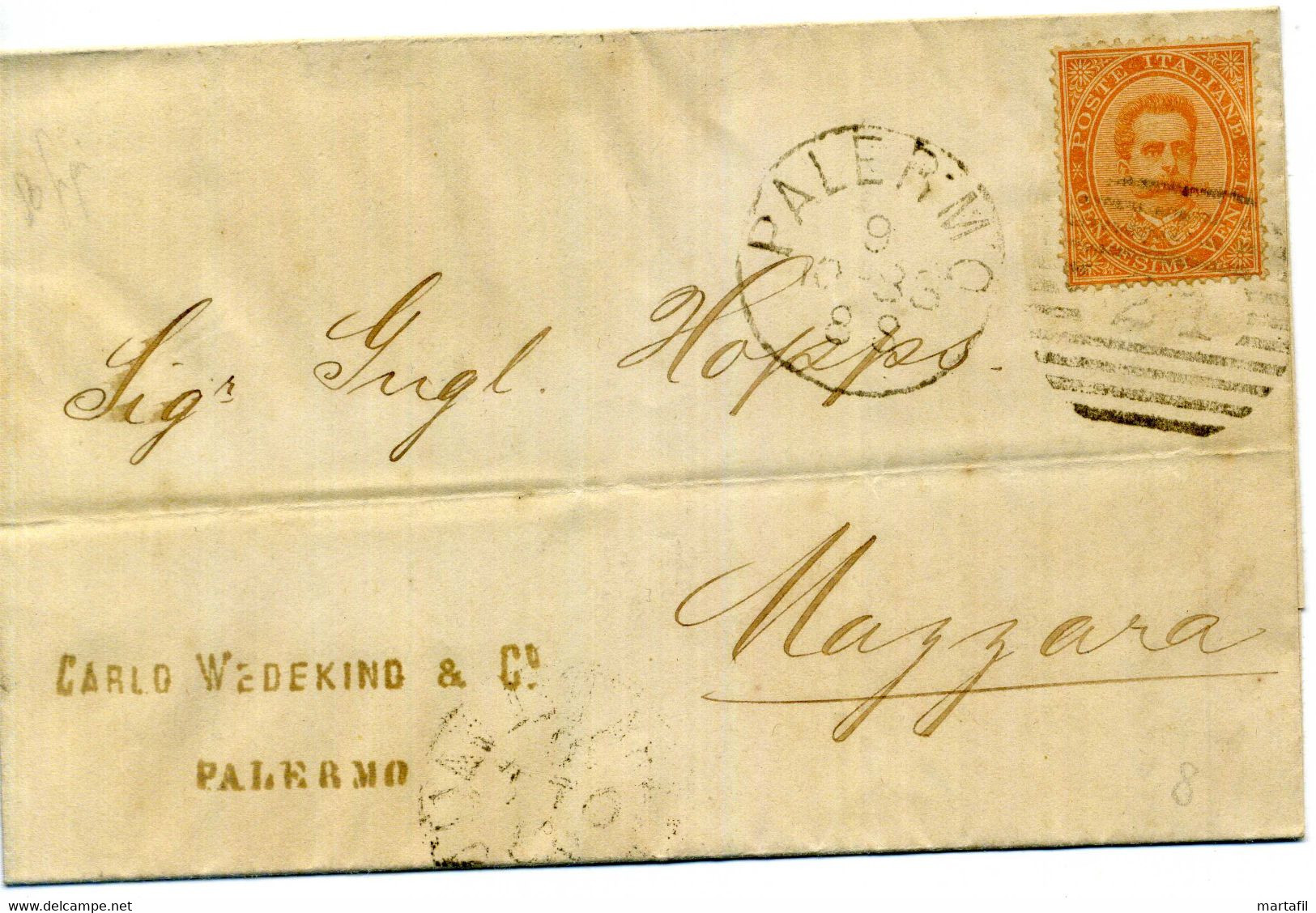 1888 Lettera Da Palermo Per Mazara Del Vallo, Mazzara, Affr. 20 Centesimi Arancio - Storia Postale