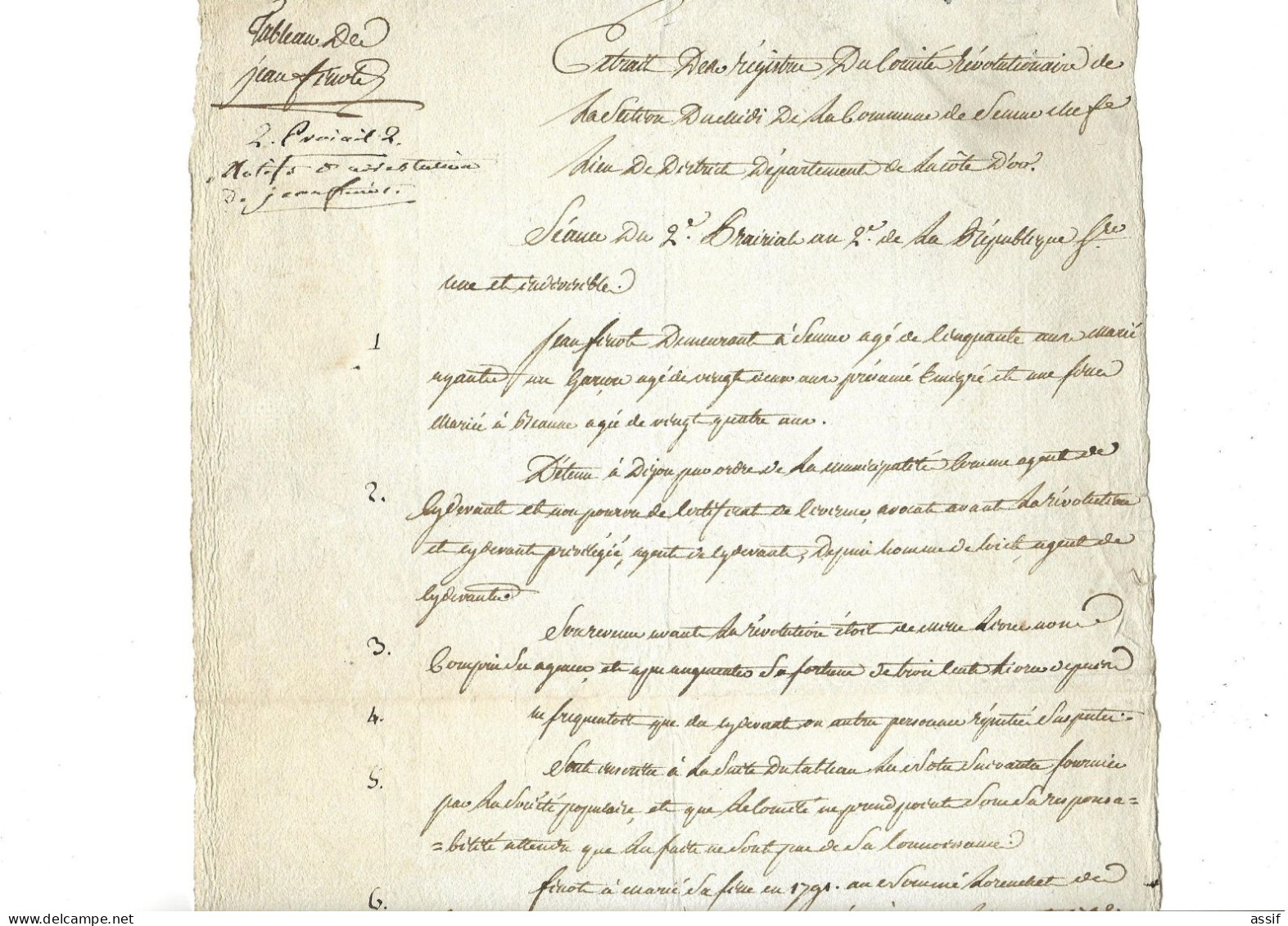 Semur ( Côte D'Or ) Comité De Surveillance (  An 2 ) Jean Finot ( 50 Ans ) Motifs D'arrestation  Cachet Cire - Historical Documents