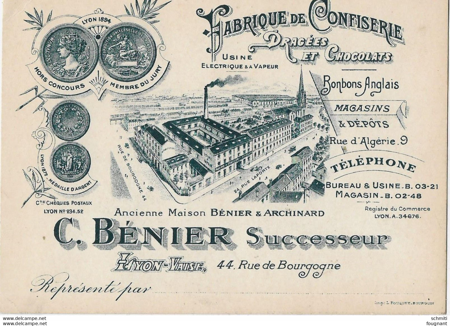 - LYON-VAISE-Fabrique De Confiserie ,dragées ,chocolats, Bonbons Anglais-C. Bénier ,successeur - Usine électrique à Va - Alimentaire