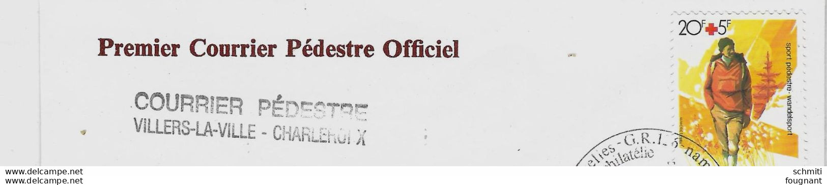 -Enveloppe :PREMIER Courrier PEDESTRE( Villers-la-ville - Charleroi)  - Tirage Limité - N° 393 - Oblitération, Bruxelles - Other & Unclassified