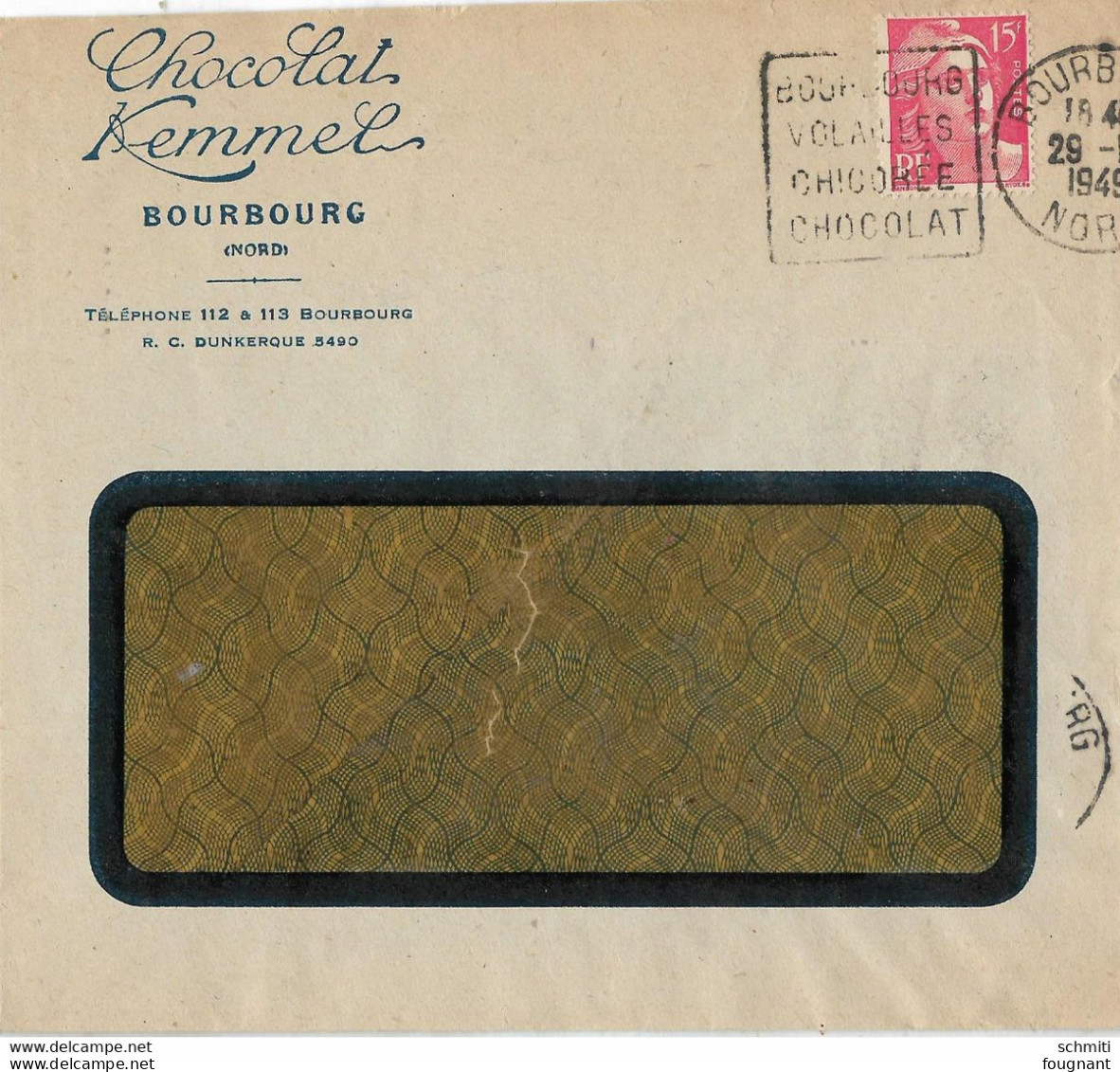 - Enveloppe Oblitérée ,1949,Publicité,CHOCOLAT KEMMEL, Bourbourg . - Shopkeepers