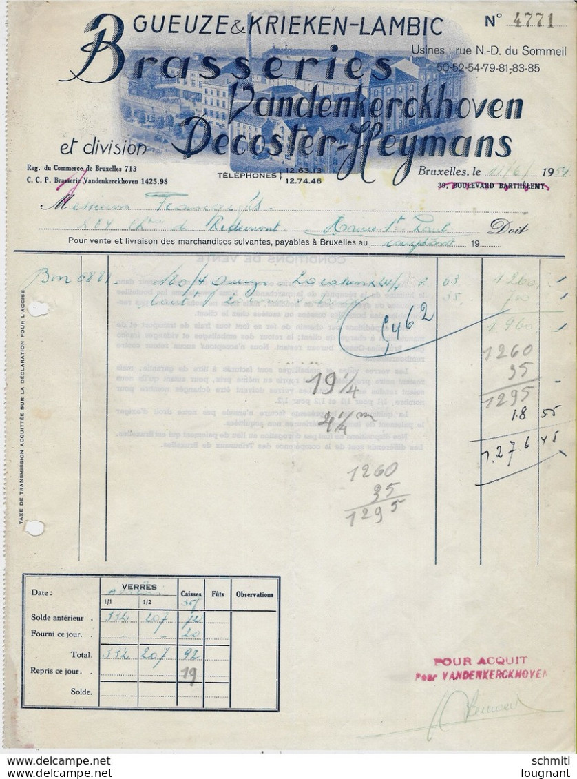 -Facture:BRASSERIE Vandenkerkhoven,Decoster-Heymans-Gueuze& Krieken-Lambic-1954- - Facturen