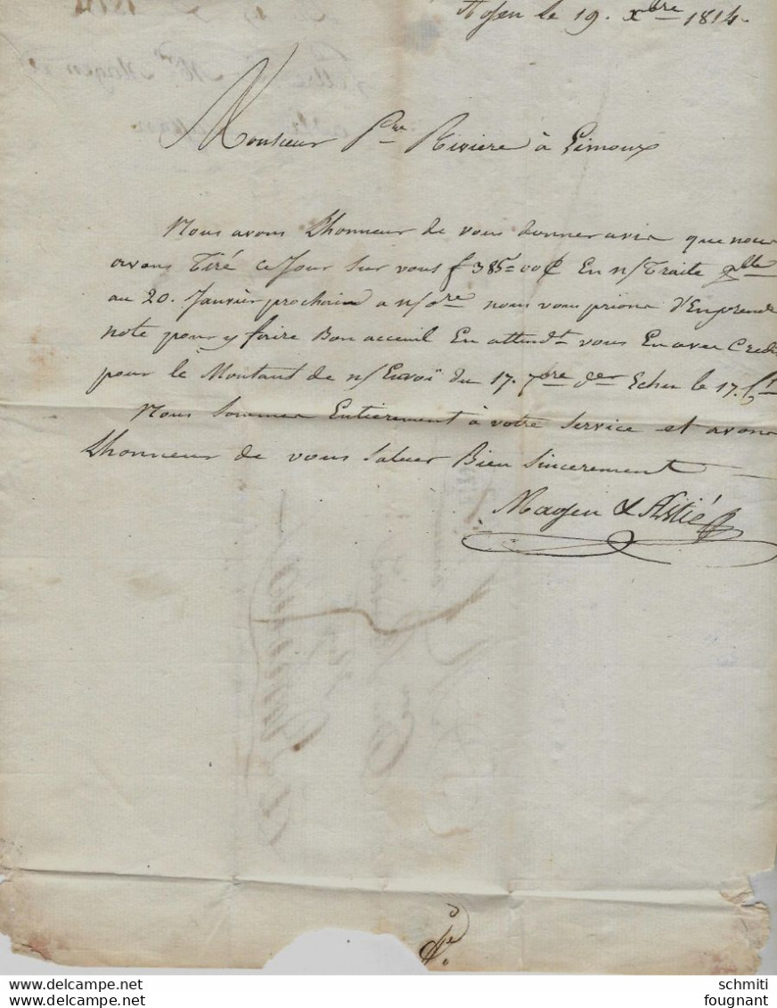 - AGEN- Le 19 Octobre 1814 - Envoyé à Limoux ,, Griffe 4..5?Le Document Confirme Le Versement D' Une Traite - 1814-1815 (General Gov. Belgium)
