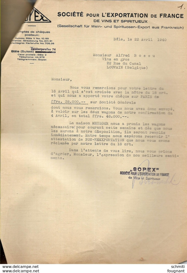 -20 Pages De Dossier Complet De Perte De 2 Wagons De Trains Et Son Contenu,vin En 1940.Firme Bossu De Leuven. - Chemin De Fer