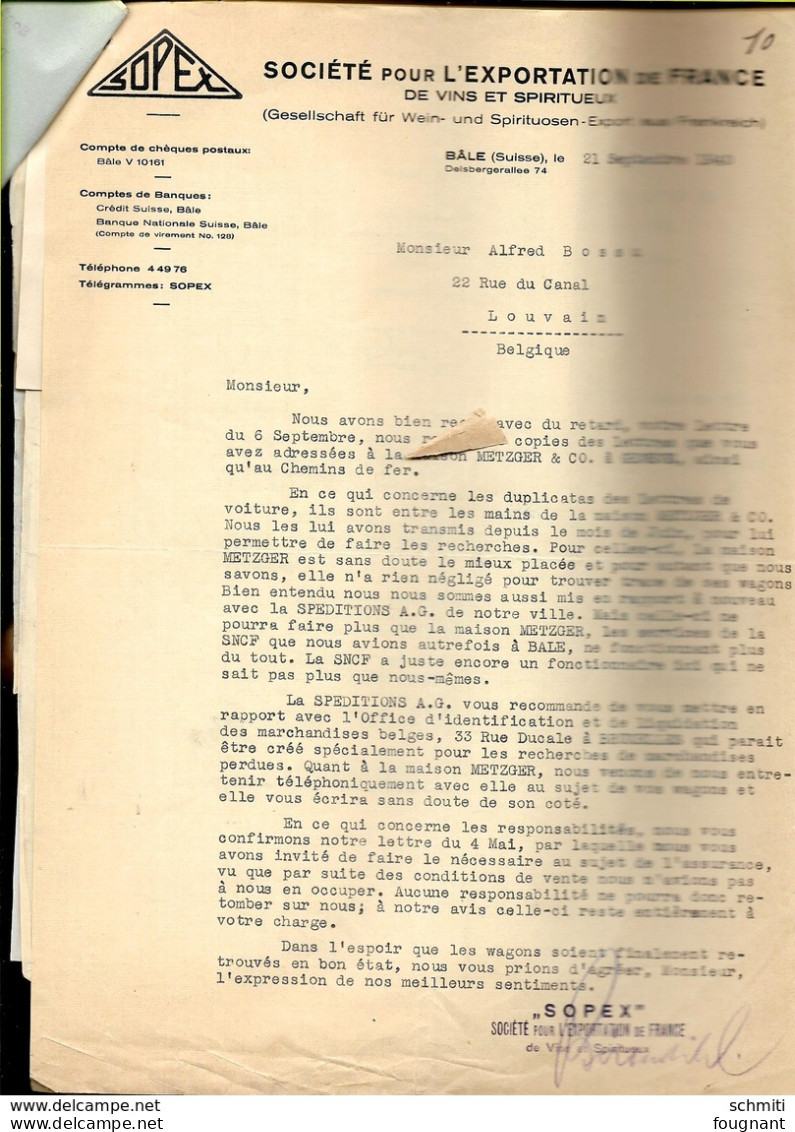 -20 pages de dossier complet de perte de 2 wagons de trains et son contenu,vin en 1940.Firme Bossu de Leuven.