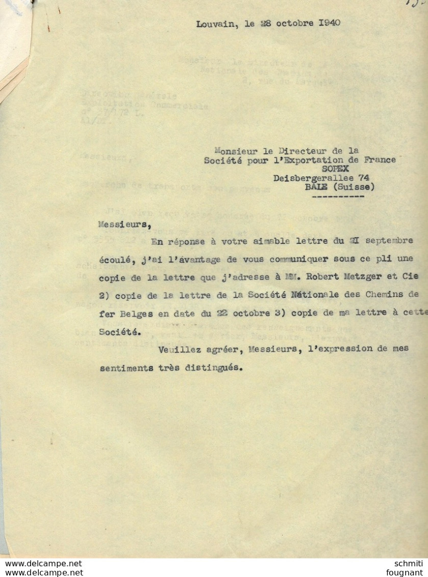 -20 pages de dossier complet de perte de 2 wagons de trains et son contenu,vin en 1940.Firme Bossu de Leuven.