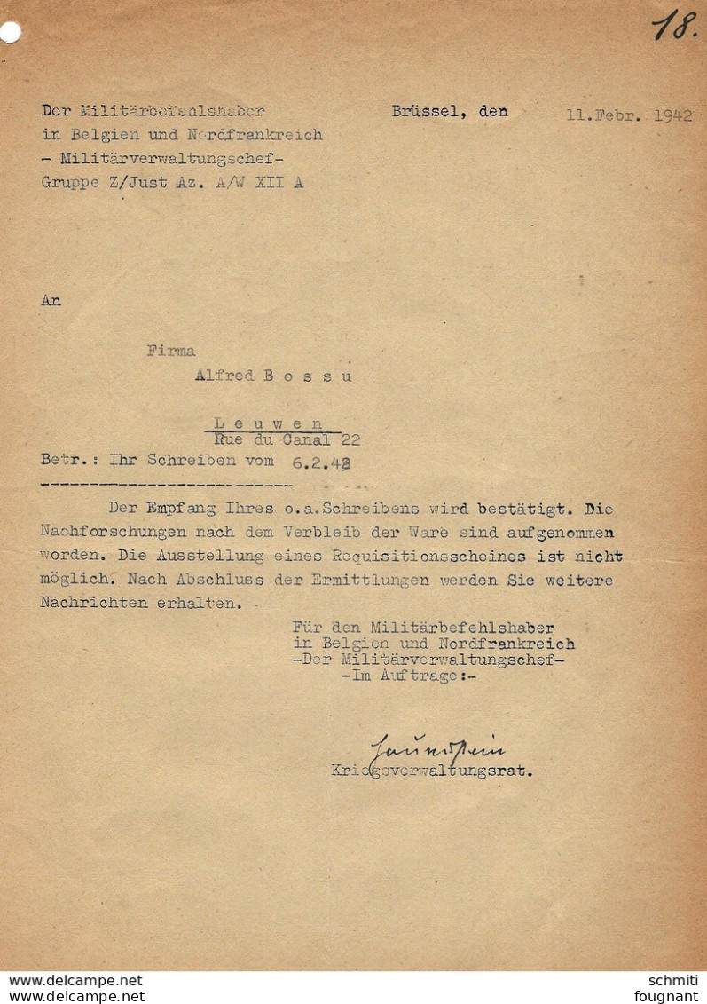 -20 pages de dossier complet de perte de 2 wagons de trains et son contenu,vin en 1940.Firme Bossu de Leuven.