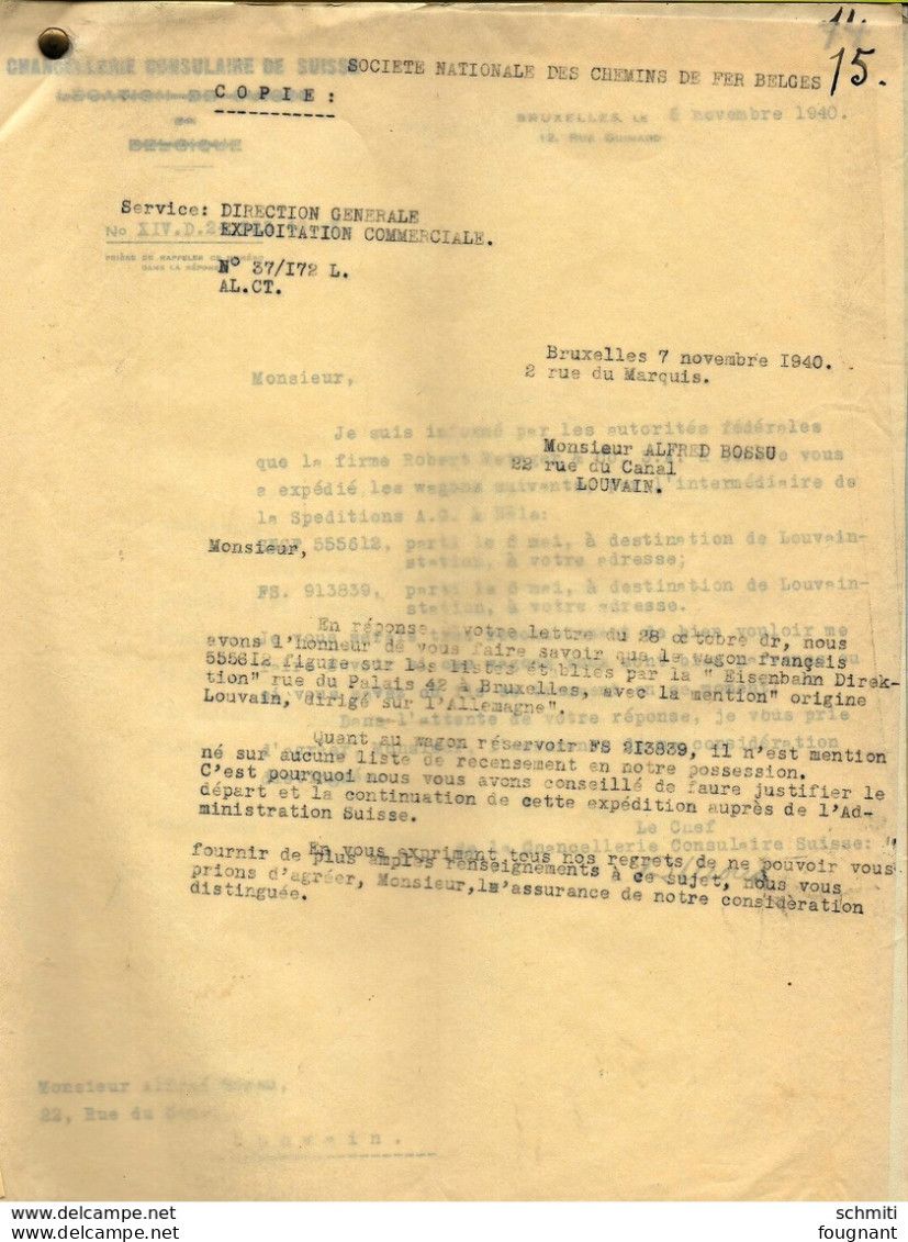 -20 pages de dossier complet de perte de 2 wagons de trains et son contenu,vin en 1940.Firme Bossu de Leuven.